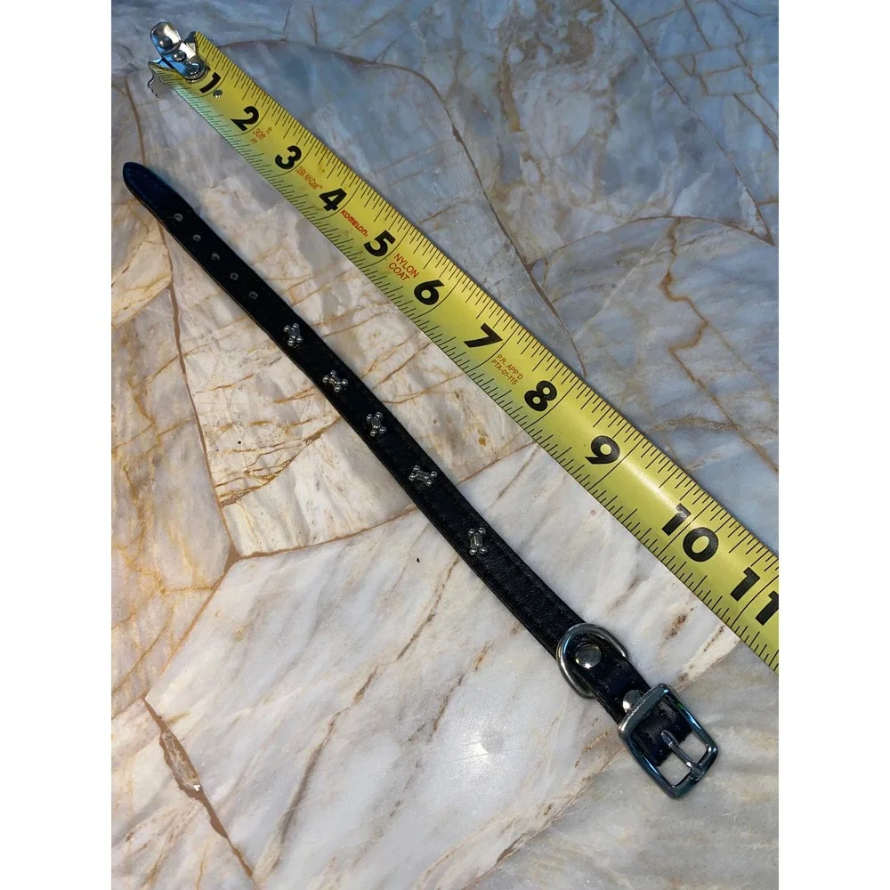 Black Faux Leather Pet Collar Silver Dog Bone Studded Adjustable Small 12 Inch